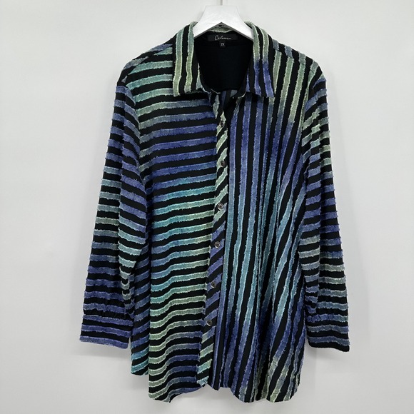 Calessa Tops - Calessa Tunic Top Shirt 2X Stretch Button Up Textured Burnout Statement Artsy